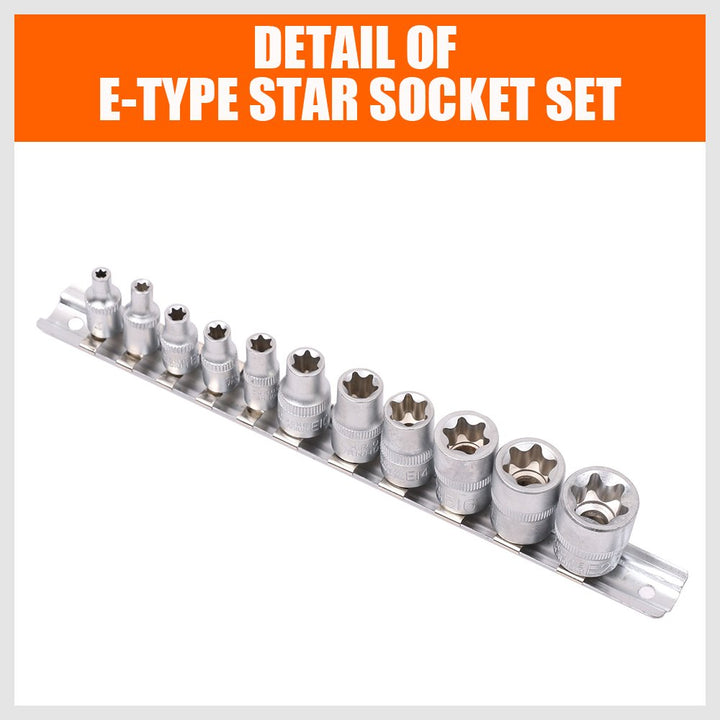 11 Pc Female E Torx Star Socket Set/Rail, Female External Star Socket Set E4 - E20 Torque Socket Set