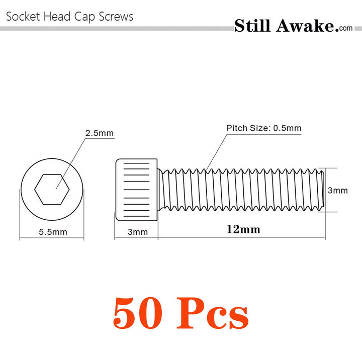 M3-0.5 x 12mm Socket Head Cap Screws Metric, Allen Socket Drive, Stainless Steel 304, Full Thread, Bright Finish, Machine Thread (50 Pcs)
