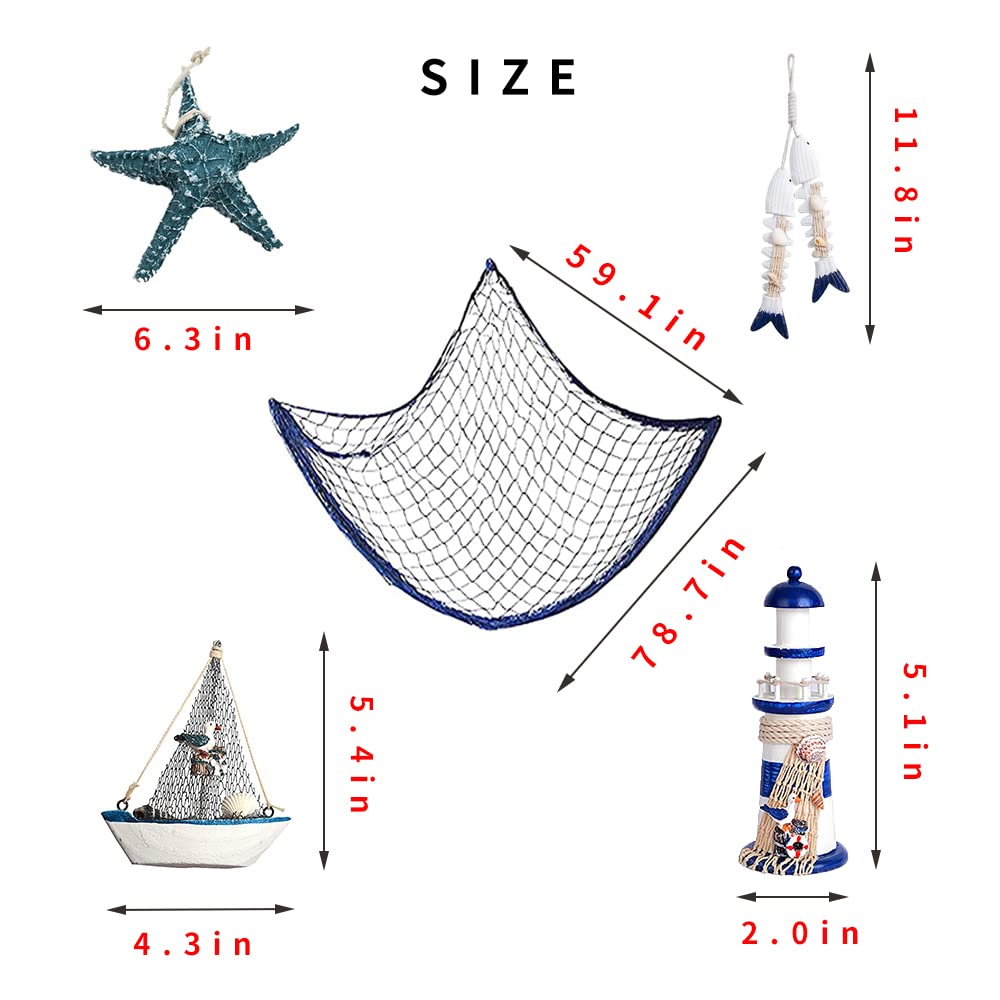 AmaQueen 10 PCS Wood Nautical Wall Hanging Ornament Decoration, Mediterranean Style Beach Wooden Lighthouse, Anchor, Boat,Life Ring, Ship, Starfish, Fishing Nets, Steering Wheel Sailing Home Decor