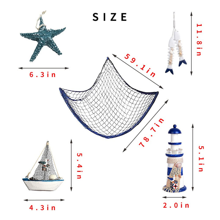 AmaQueen 10 PCS Wood Nautical Wall Hanging Ornament Decoration, Mediterranean Style Beach Wooden Lighthouse, Anchor, Boat,Life Ring, Ship, Starfish, Fishing Nets, Steering Wheel Sailing Home Decor