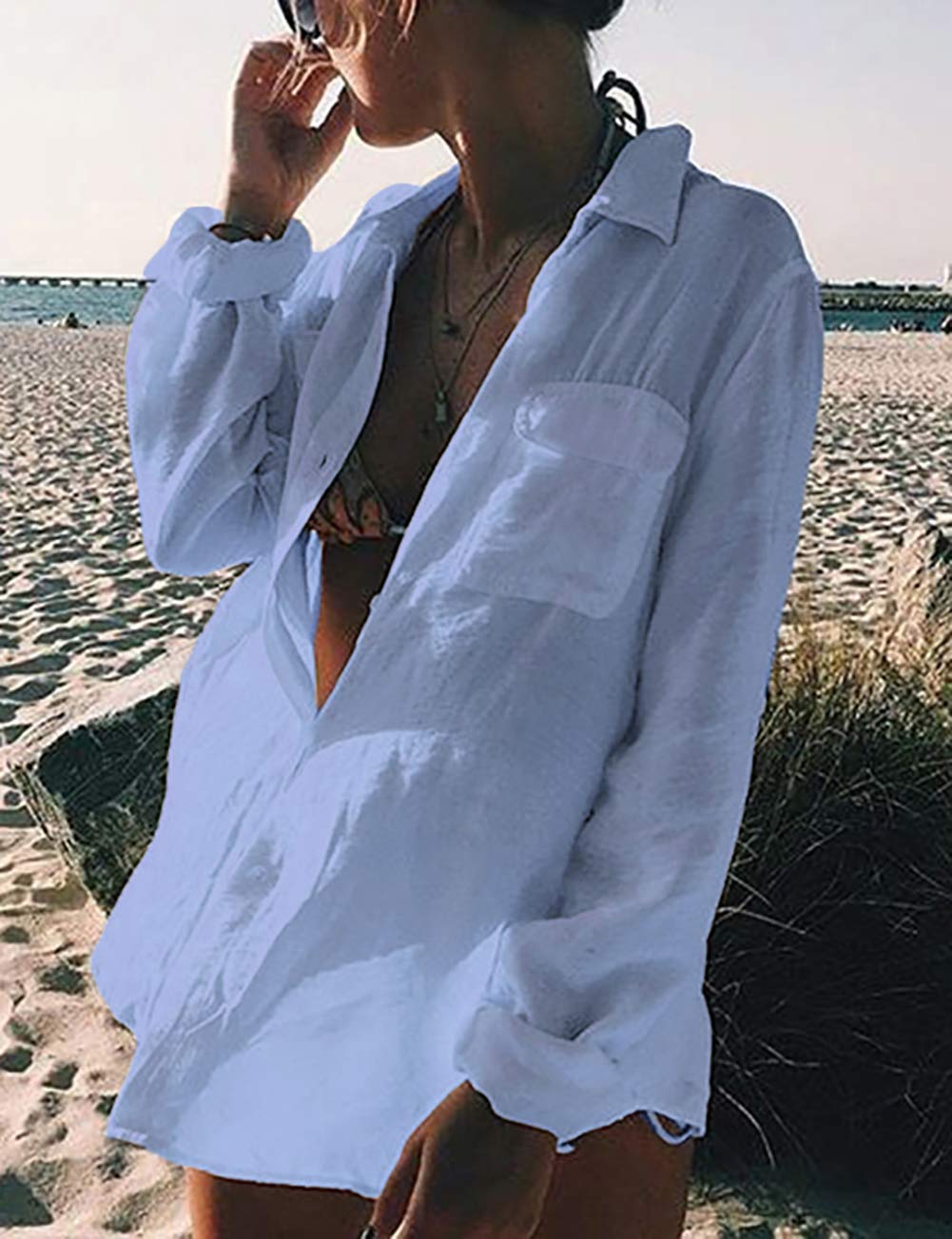 Long Sleeve Beach Shirt Blouses Women Turn Down Collar Bikini Bathing Suit Cover Ups Swimwear Cyan