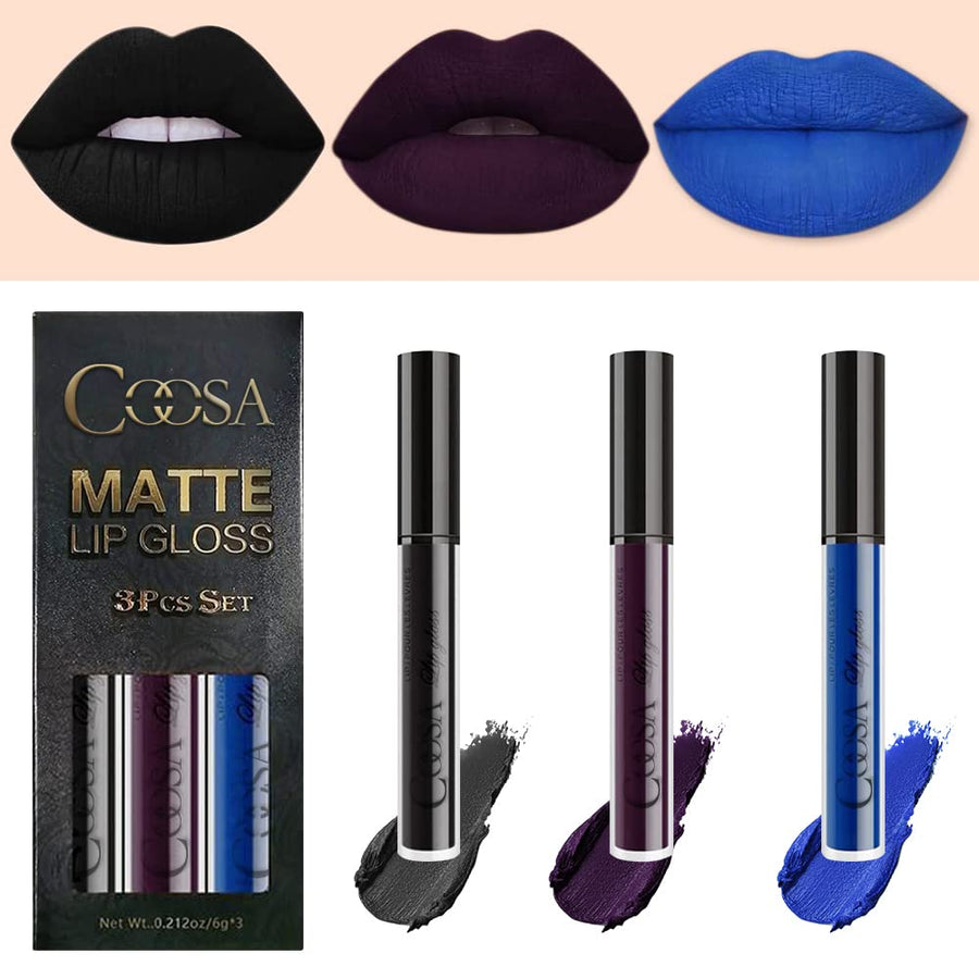 Coosa 3PCS Matte 24-hour Liquid Lipstick Non-stick Cup Kitt, Matte Dark Waterproof Lipstick Lip Stain Long Lasting Smudge Lip Gloss Gift Set Matt Lipsticks Set Matt Liquid Women Makeup Set
