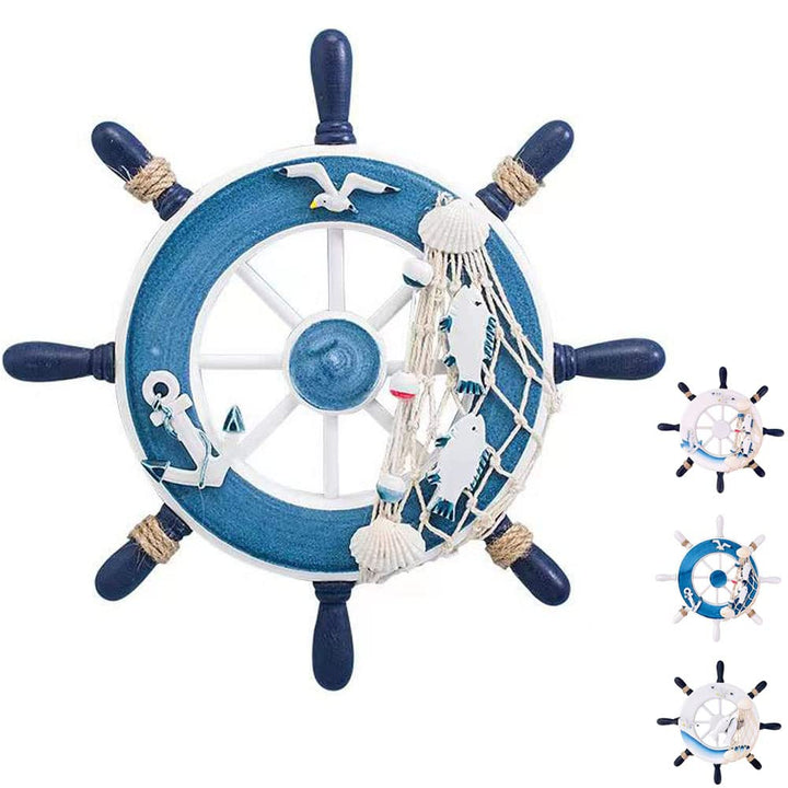 Wooden Ship Wheel Rudder Wall Decor, Nautical Beach Ocean Decor Wooden Boat Ship Steering Wheel Home Wall Hanging Decoration 9 inch (Blue3)