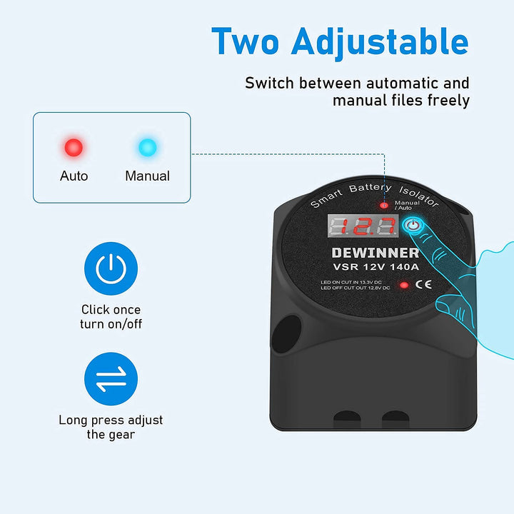 12V 140Amp Dual Battery Isolator Manual/Auto Modes VSR-Voltage Sensitive Relay, with LED Screen, Voltage Display, Designed for ATV, UTV, Boat, RV, Camper 5 Wheel Off-Road Vehicle