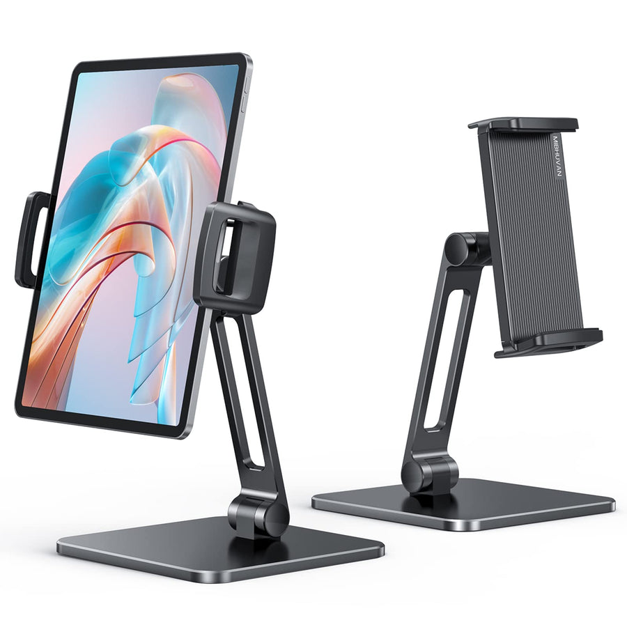 Tablet Stand Holder for desk, Adjustable & Foldable Aluminium alloy Heavy Duty Base Desktop Stand Holder Dock Compatible with iPad Pro 12.9/11, Air, Mini, Tabs, Kindle, (4.7-13)Tablet, Black