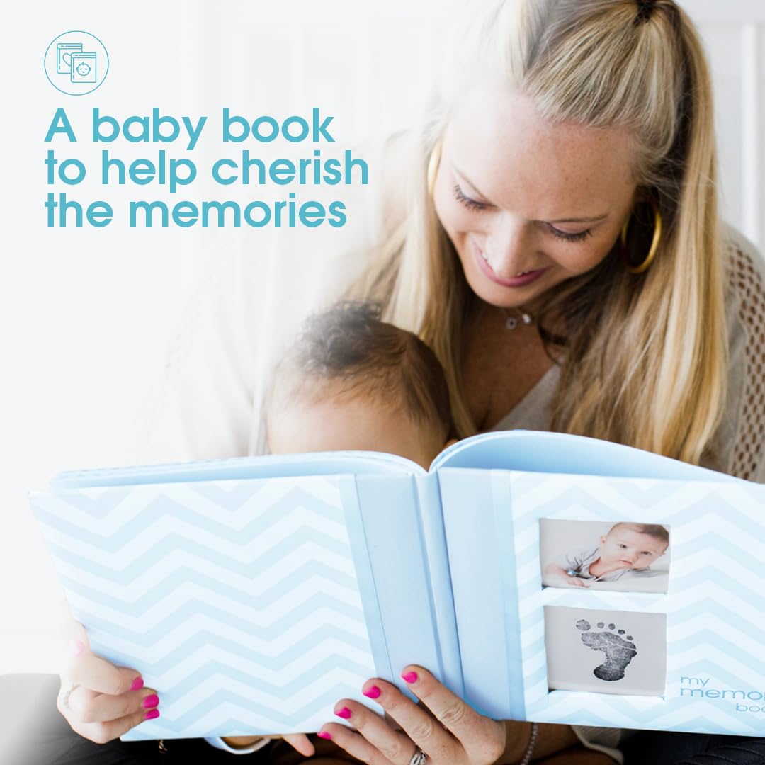 Pearhead Baby Memory Book, First 5 Years Baby Milestone Book, Pregnancy Journal, Holiday Gift, Gender Neutral Newborn Keepsake, With Clean-Touch Ink Pad For Baby's Handprint or Footprint, Blue Chevron