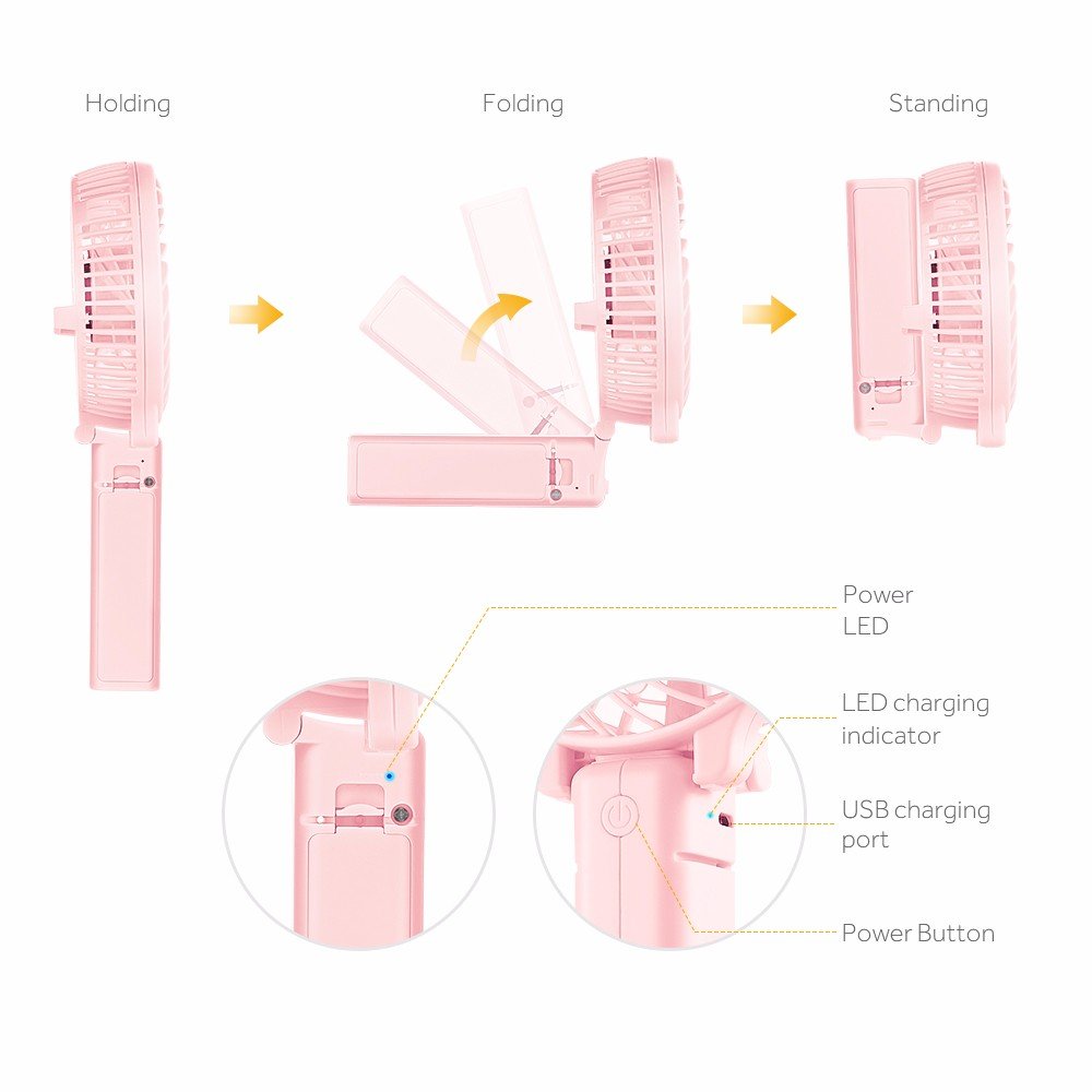 Mini Handheld Fan, USB Desk Fan Small Personal Portable Stroller Table Fan with Rechargeable Battery Operated Cooling Folding Electric Fan 3-10H Working Hours for Travel Office Outdoor