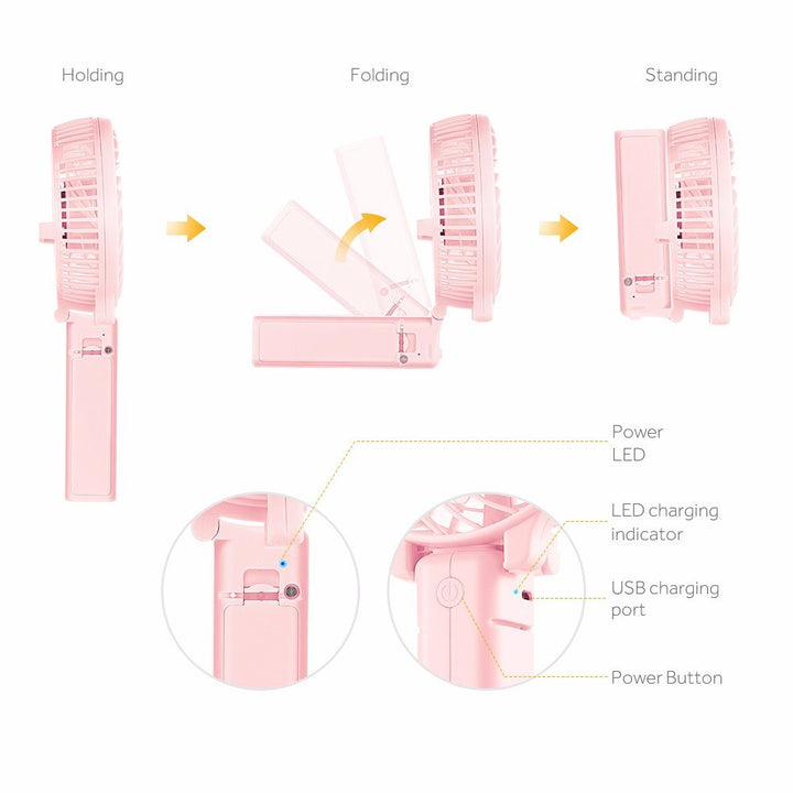 Mini Handheld Fan, USB Desk Fan Small Personal Portable Stroller Table Fan with Rechargeable Battery Operated Cooling Folding Electric Fan 3-10H Working Hours for Travel Office Outdoor