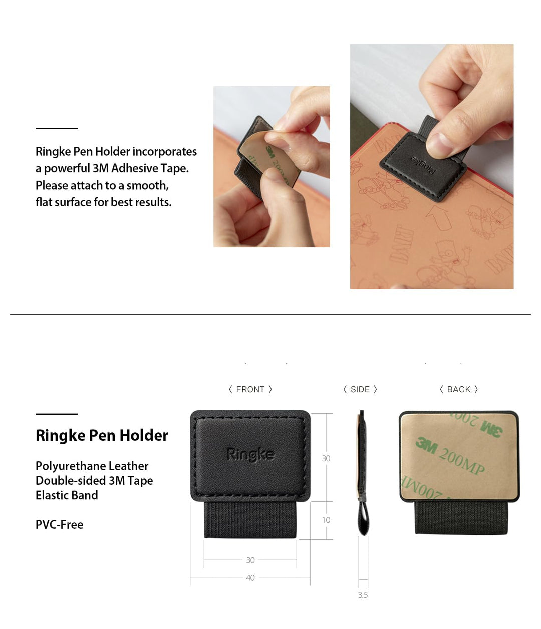 Pen Holder for Apple Pencil, Journal, Notebooks, and More - 3M Self Adhesive PU Leather Durable Pen Loop with Elastic (3 PACK) - Black