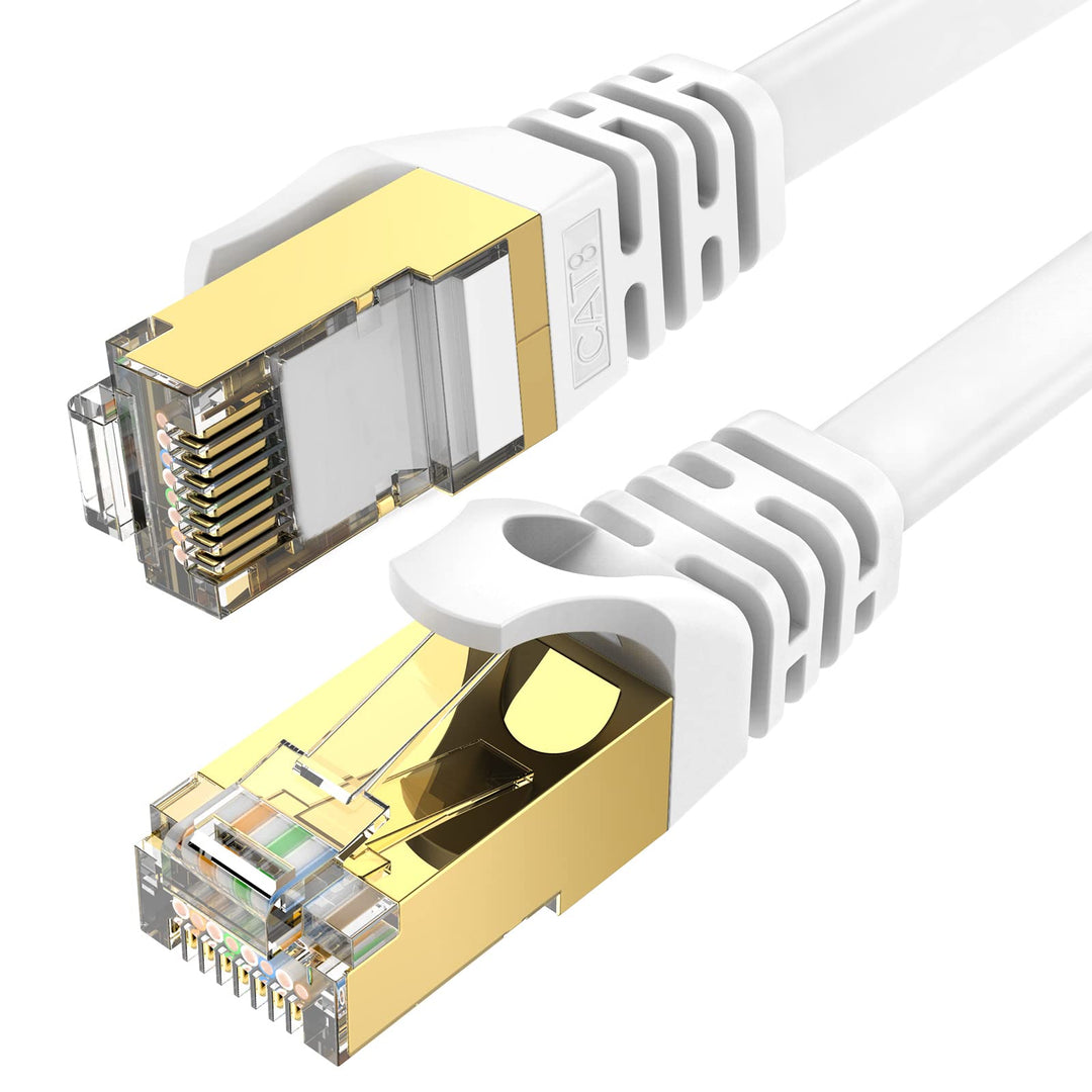 Ethernet Cable 50 ft, CAT8 Standard High Speed Shielded Flat Internet Cable with Clips, Faster Than Cat7 LAN Wire - White 15 M