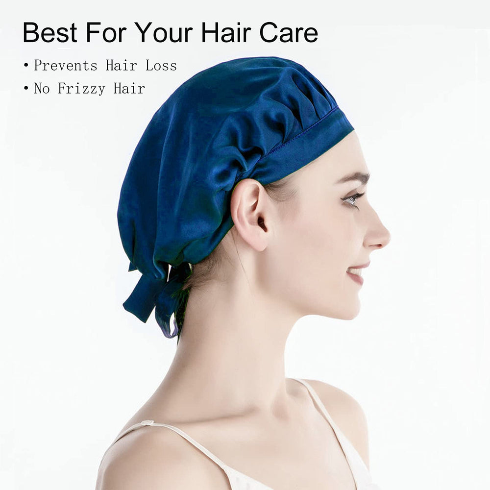 Silk Bonnet Satin Bonnet for Natural Hair Stretchy Mulberry Silk Sleep Cap for Women Long/Curly Hair Care Silk Night Bonnet with Adjustable Ribbons Smooth Soft Breathable Sleep Cap (Blue)