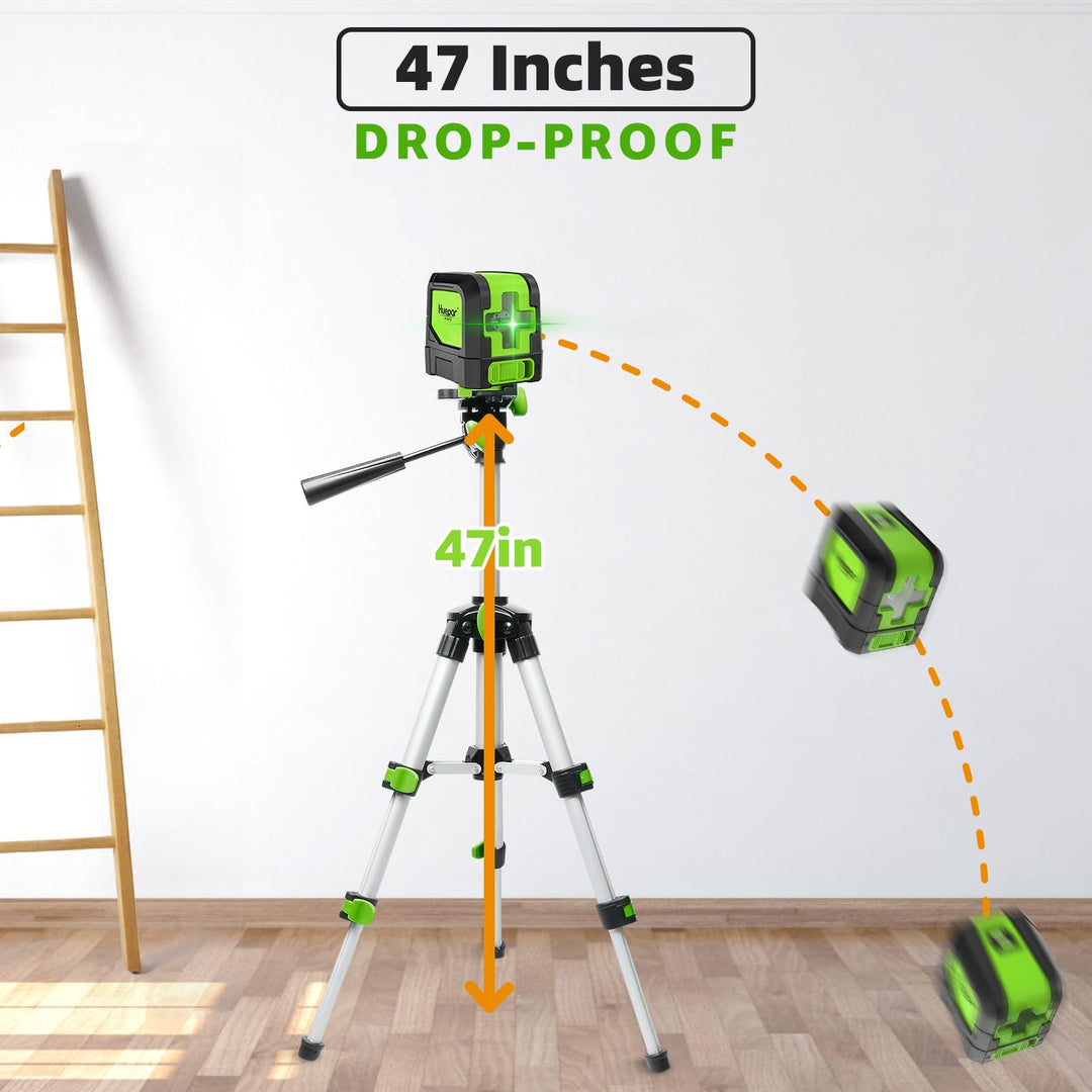 HUEPAR Laser Level Self-Leveling - 100 feet DIY Bright Green Cross Line Laser Leveler for Picture Hanging, Tile, Decoratio and Construction Indoor Project, 360° Magnetic Base &amp; Battery Included