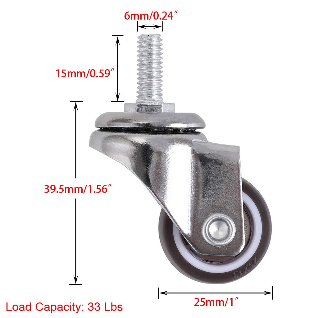 4 Pcs 1 Swivel Stem Threaded Casters, TPE Mute Caster Wheel M6 ×15, Replacement for Carts Trolley, Baby Bed, Furniture Cabinet, Table, Total Load Capacity 99Lbs