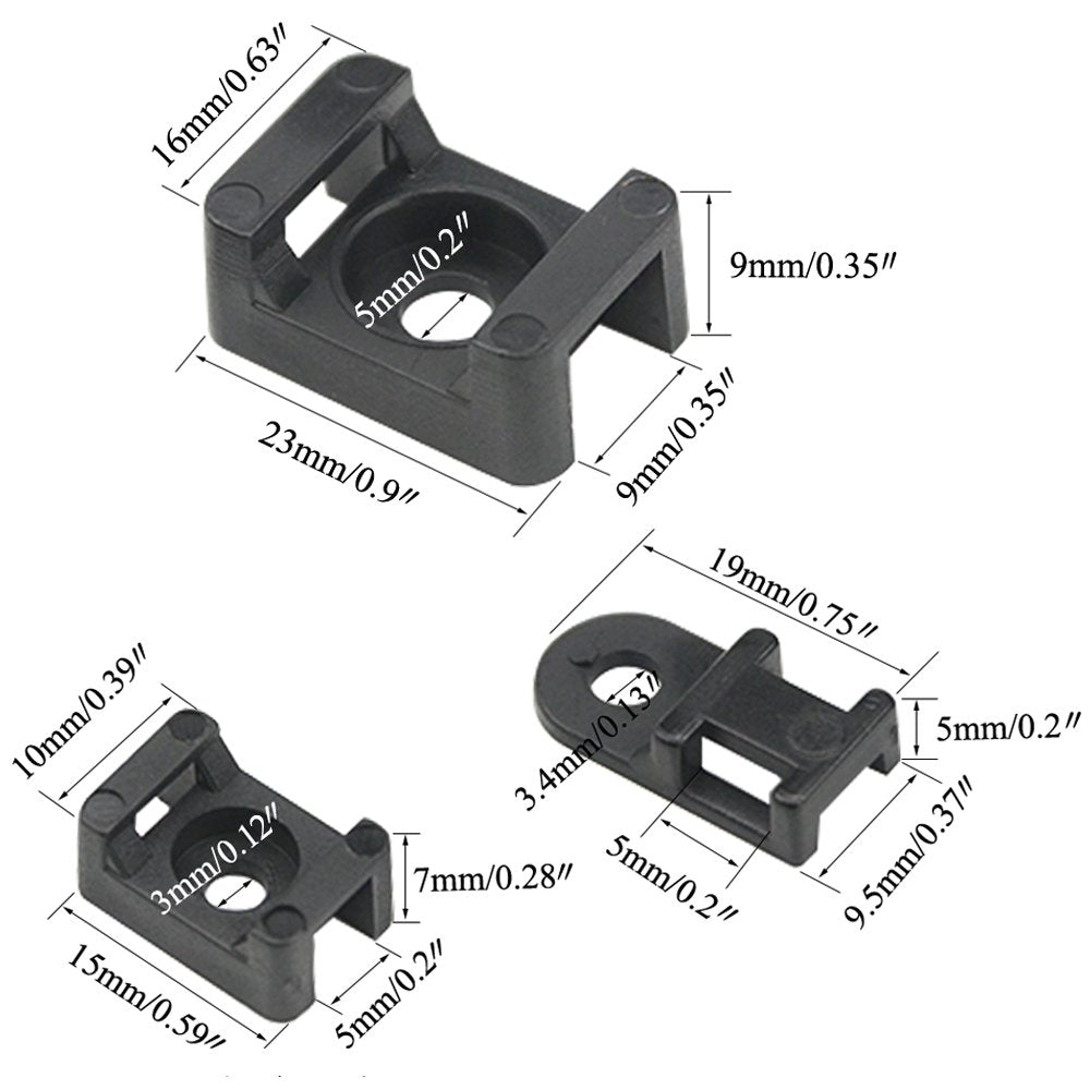 120PCS 3 Values Saddle-type Cable Tie Mount Bases for Cable Wire Tubing Sleeving Conduit Adjustable Cable Tie Holder Set Matched with 120PCS Black Flexible Zip Ties(Black)