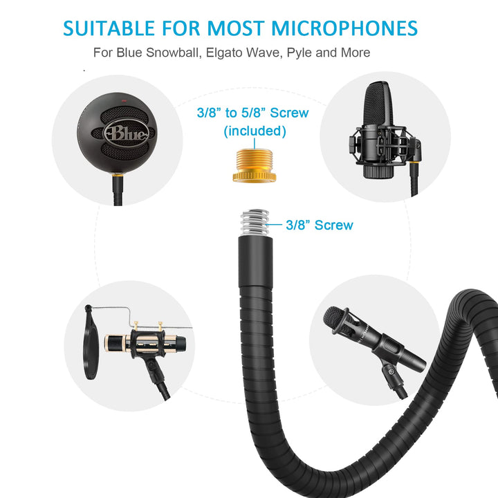 ZealSound Microphone Arm Stand,19 Inch Long Universal Gooseneck Desktop Mic Stand with 3/8 to 5/8 Adapter and Microphone Clip Holder, Upgraded Heavy Duty Desk Clamp for Blue Snowball Ice Mics Spark