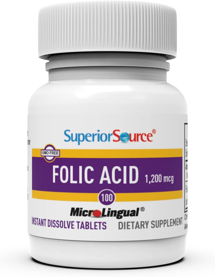 Superior Source Folic Acid 1200 mcg - Folic Acid Supplement for Women & Men - Supports Heart & Immune System Function - Folic Acid Aids Nervous System Health - 100 Sublingual Dissolving Tablets