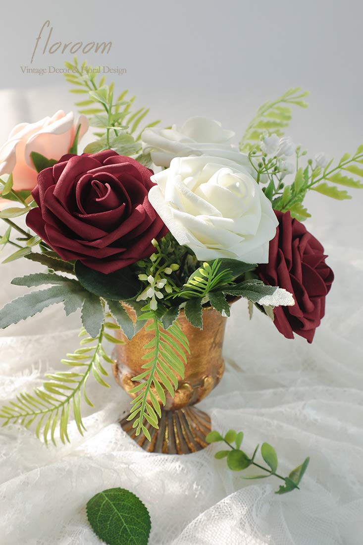 Artificial Flowers 25pcs Real Looking Burgundy Foam Fake Roses with Stems for DIY Wedding Bouquets Red Bridal Shower Centerpieces Party Decorations