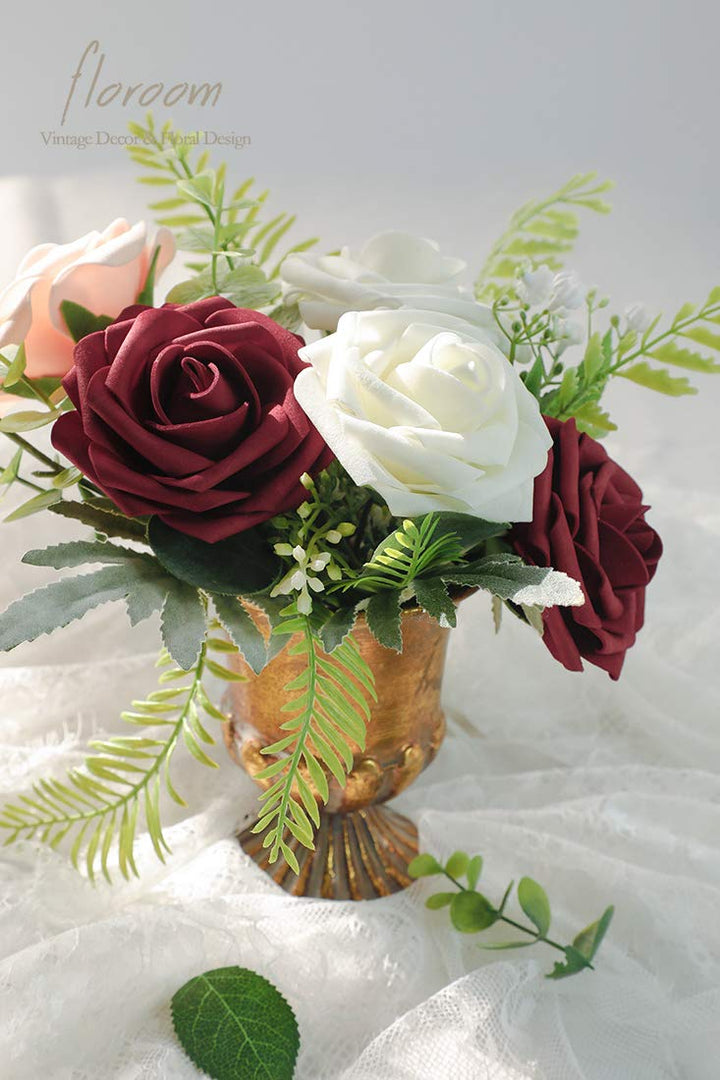 Artificial Flowers 25pcs Real Looking Burgundy Foam Fake Roses with Stems for DIY Wedding Bouquets Red Bridal Shower Centerpieces Party Decorations