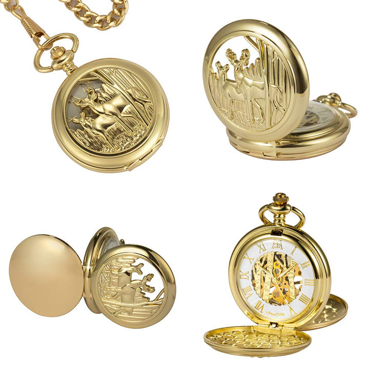 ManChDa Vintage Reindeer Pocket Watch Golden Hollow Cas