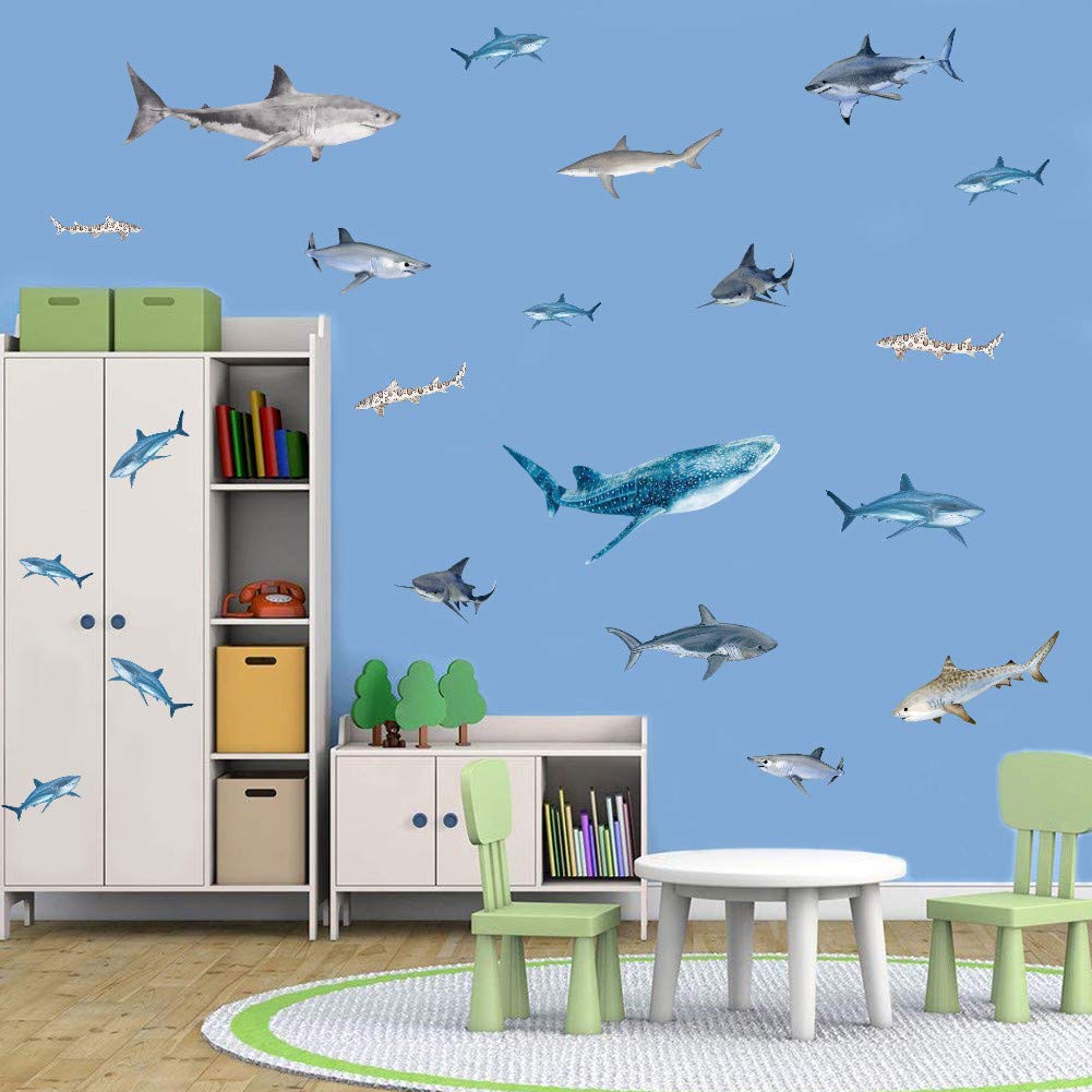 Ocean Animal Shark Wall Decal, Under The Sea Marine Life Theme Sticker for Kids Room Bathroom Nursery Undersea Fishes Wall Art Decor (35Pcs)