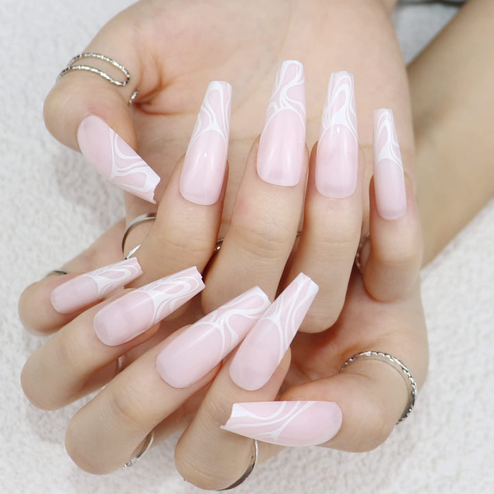 Long Ballerina Press on Nails Glossy Coffin Fake Nails Full Cover False Nails White Wave Glue on Nails for Women Nail Art Salon DIY Decoration