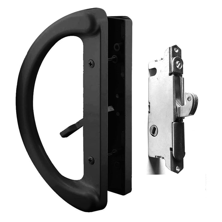 Patio Sliding Glass Door Handle Set with 45° Mortise Lock Suitable for Sliding Glass Patio Door Thickness from 1-1/2 to 1-3/4, Fits 3-15/16” Screw Hole Spacing, Reversible Design(Non-Handed), Black