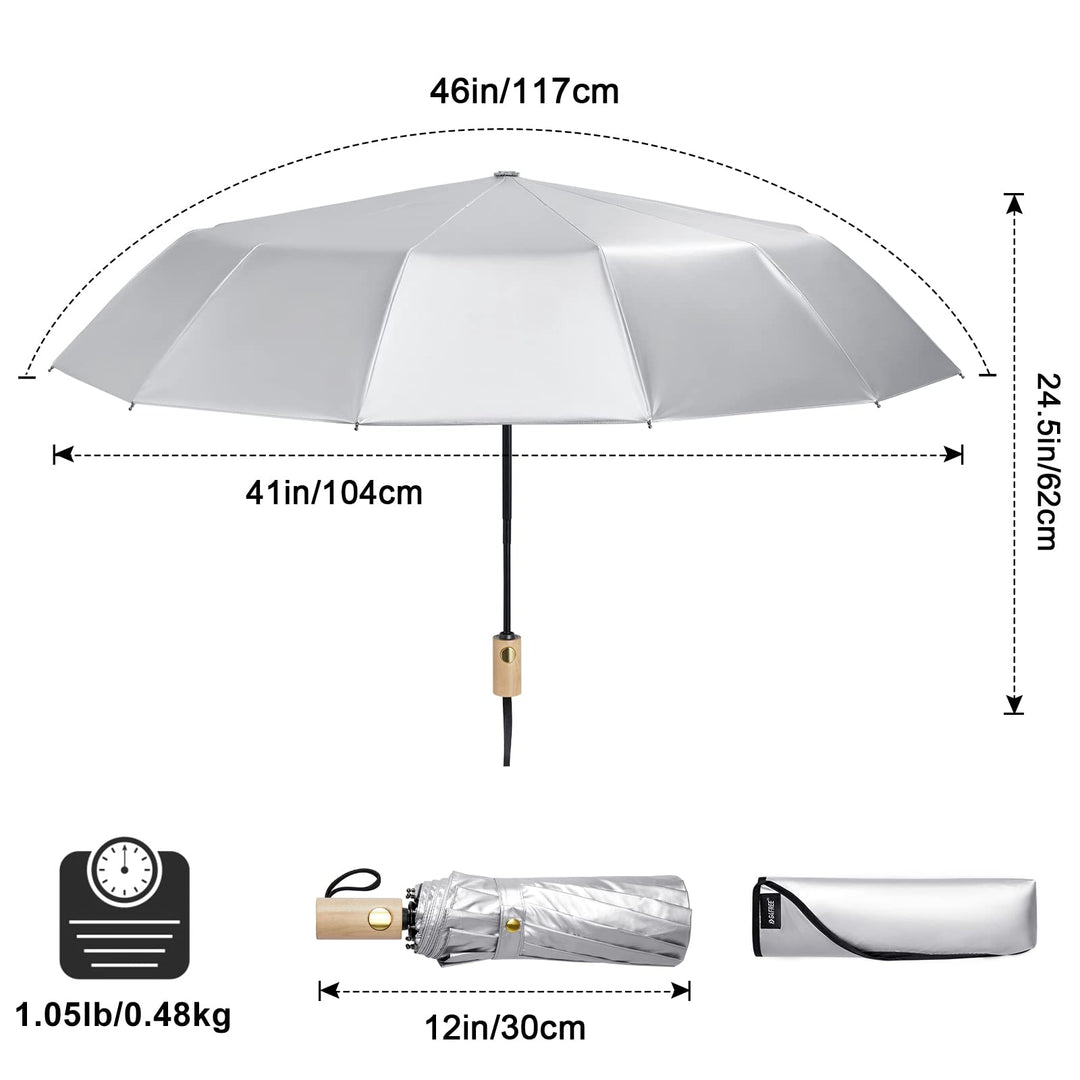 46 Inch UPF 50+ UV Protection Large Travel Umbrella with Wooden Handle, 15 Fibreglass Ribs Super Windproof Sun Blocking Folding Umbrella Auto Open Close (Lake Blue)