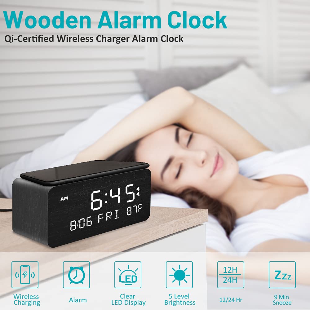 Andoolex Wooden Digital Alarm Clock with Wireless Charg
