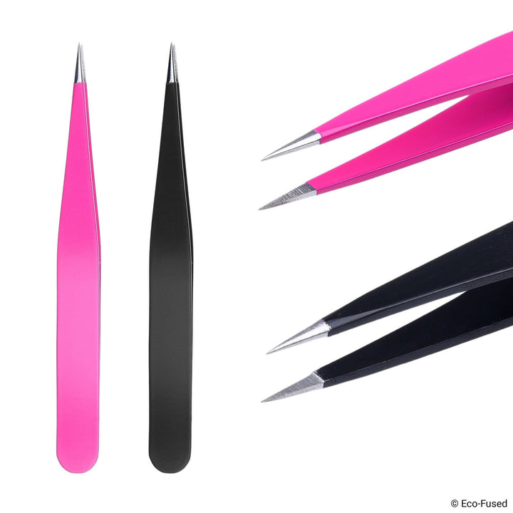 Tweezers - 2 Sets - Slant/Pointed/Flat - High Precision - Pluck Eyebrows, Apply Fake Eyelashes, Remove Facial/Body/Ingrown Hair - Essential Beauty &amp; Personal Care Tool - Pink and Black