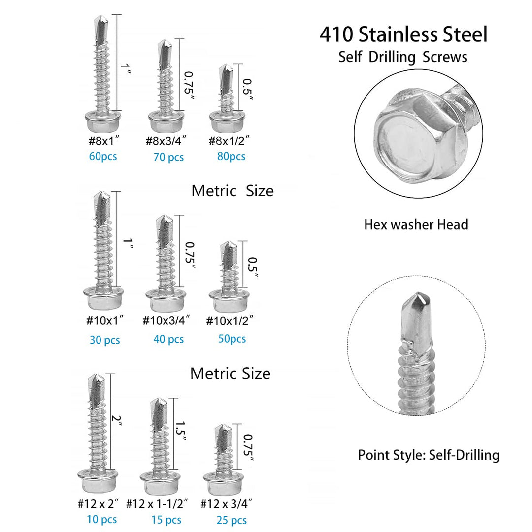 410 Stainless Steel Self Tapping TEK Screws Assortment,380 pcs #8#10#12 Hex Head Self Drilling Screws for Metal,Length 1/2 to 2