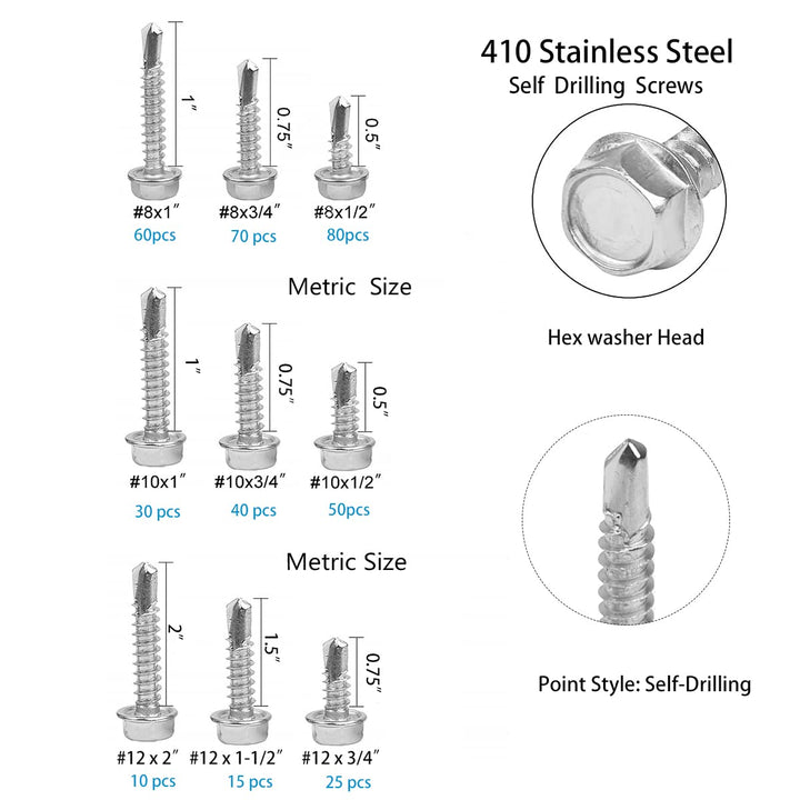410 Stainless Steel Self Tapping TEK Screws Assortment,380 pcs #8#10#12 Hex Head Self Drilling Screws for Metal,Length 1/2 to 2