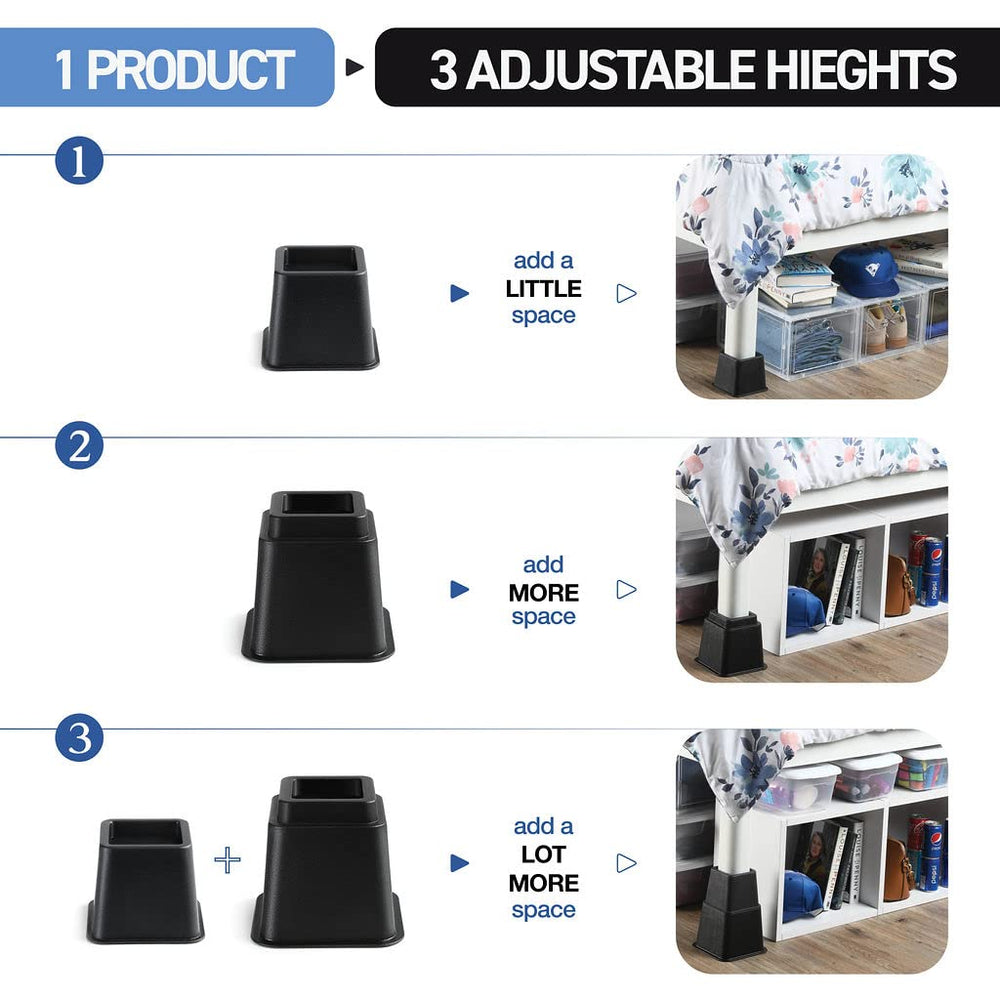 Heavy Duty Adjustable Bed Risers or Furniture Riser bed lifts - Heights of 8, 5 or 3 Inches, Set of 4 (Black)