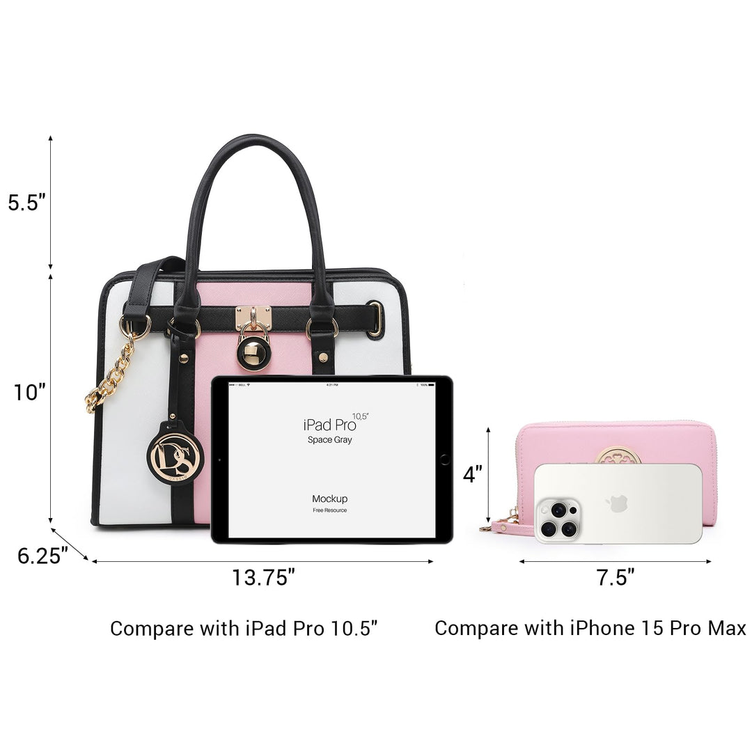 Dasein Two Tone Satchel Handbags Purses for Women Vegan Leather Shoulder Bags Large Tote Bag with Matching Wallet/Chain Strap