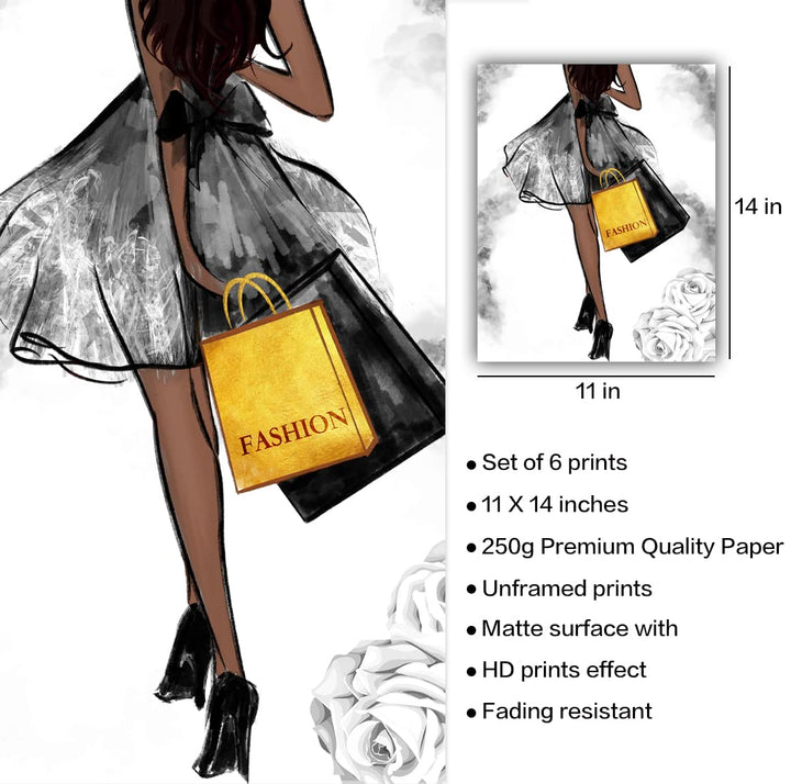 Glam Black Golden Fashion Wall Art Girls Room Decor Wall Black Golden Fashion Shopping lady Perfume Flower Book High Heels Posters Prints Women Decor Bedroom(8x10 inch Unframed, Black)