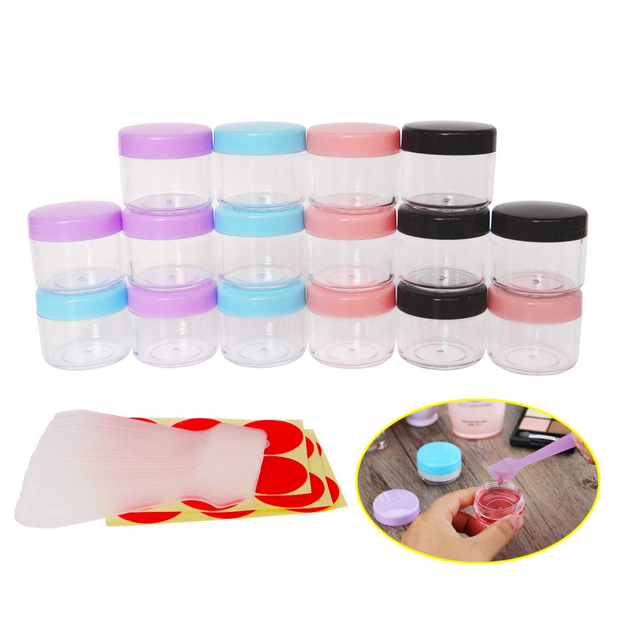 Multi-Colored: 16Pcs 20 Gram 20Ml Jars, Small Cosmetic Sample Empty Container, Plastic Round Pot Screw Cap Lid, Tiny 20G Bottle for Makeup, Eye Shadow, Nails, Powder, Jewelry, Fre