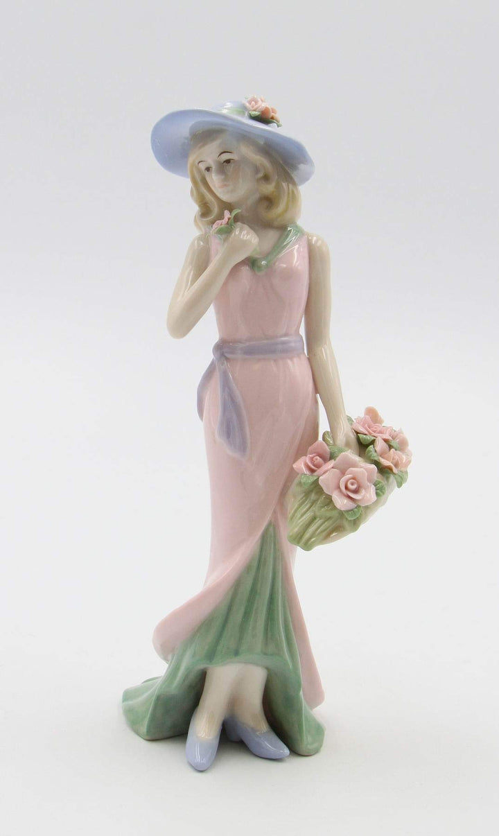 Fine Porcelain Lady with Pink Rose Bouquet Basket Figurine, 7-7/8 H