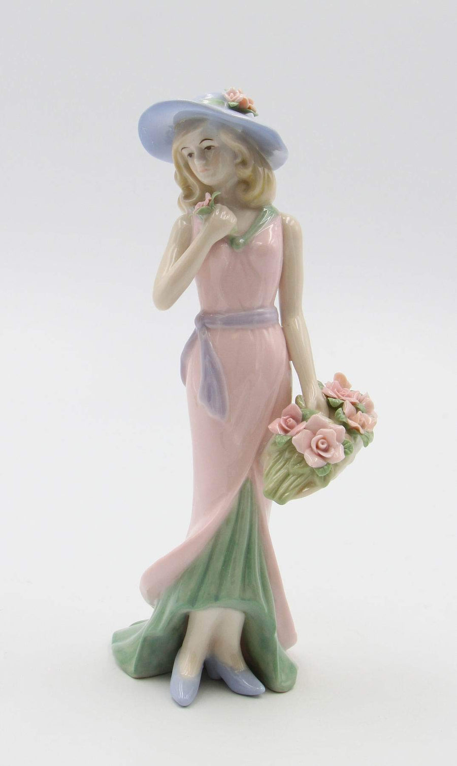 Fine Porcelain Lady with Pink Rose Bouquet Basket Figurine, 7-7/8 H