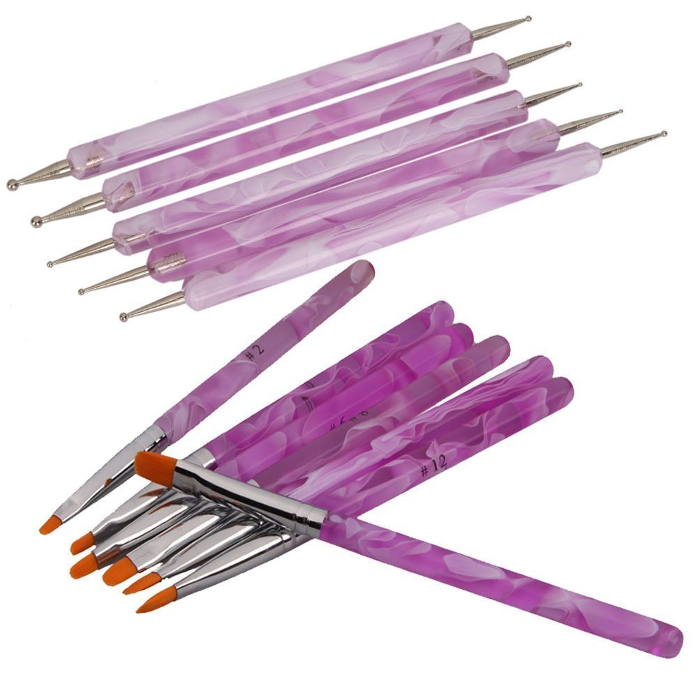 7Pcs UV Gel Acrylic Nail Art Painting Detailing Brushes + 5 X 2 Way Marbleizing Dotting Pen Set purple AD