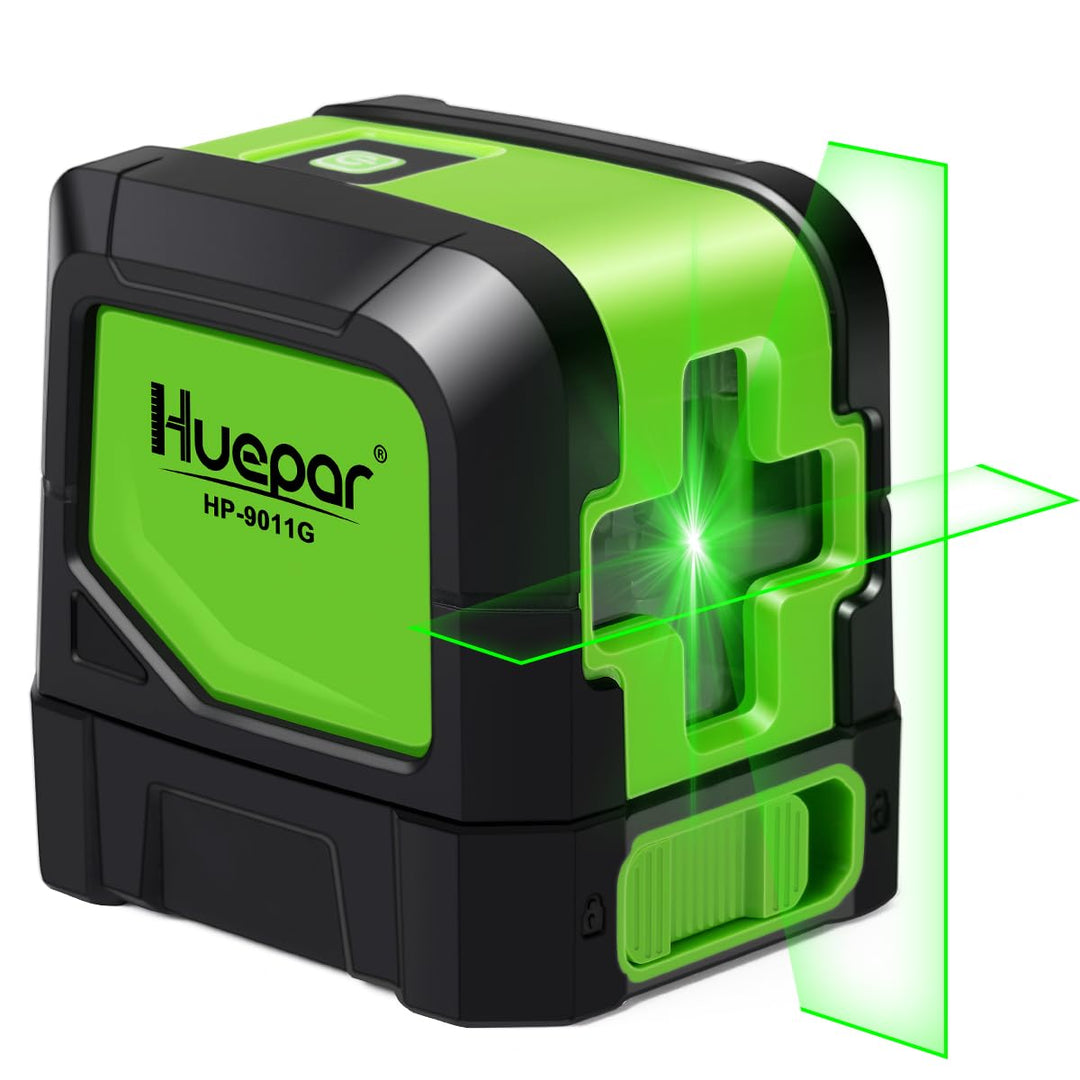 HUEPAR Laser Level Self-Leveling - 100 feet DIY Bright Green Cross Line Laser Leveler for Picture Hanging, Tile, Decoratio and Construction Indoor Project, 360° Magnetic Base &amp; Battery Included