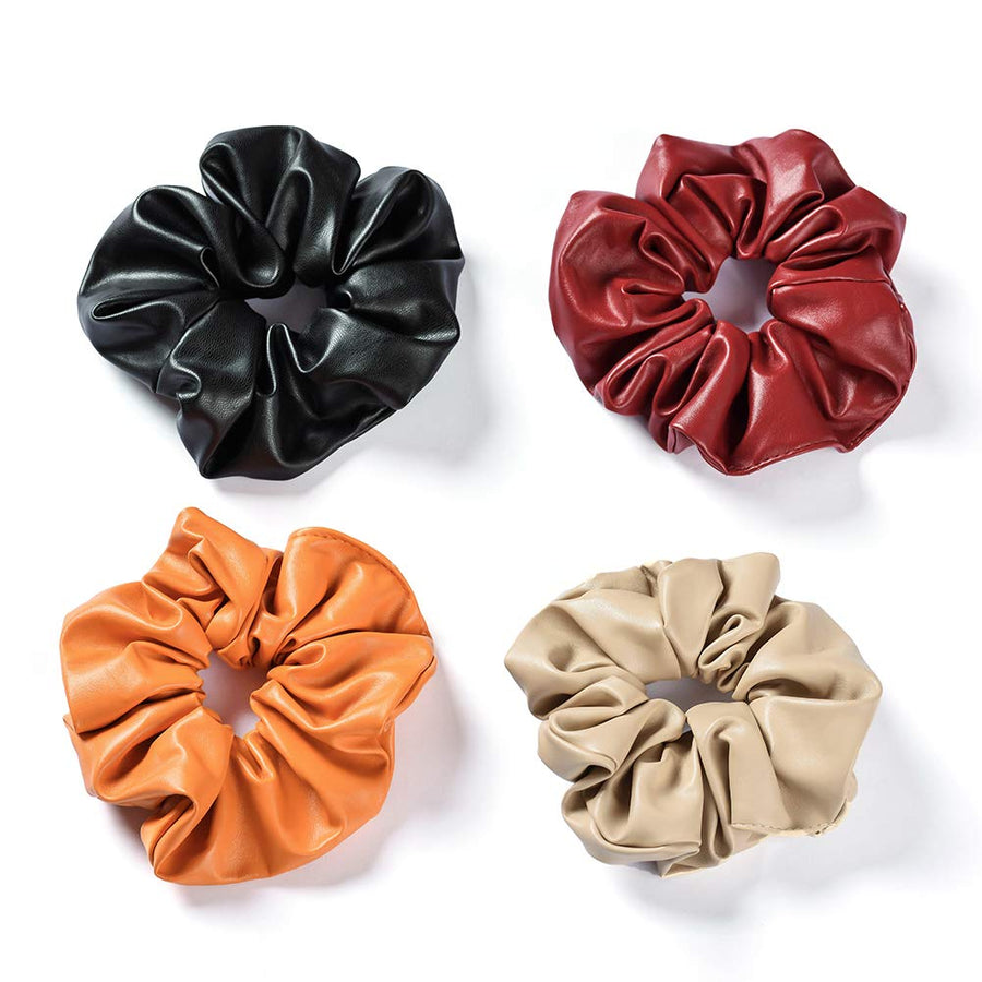 Soft Leather Hair Scrunchies for Women Oversize Elastic Hair Bands with Solid Color Classy Black Ponytail Holders for Thick Hair Strong Hair Tie Ropes as Girls Hair Accessories 4 Assorted Colors