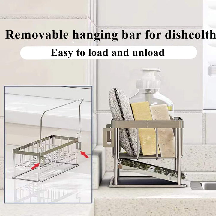 Kitchen Sink Caddy Organizer, 304 Stainless Steel Sponge Holder Sink Caddy for Dish Rags Brush Soap Scrubber with Auto Drain Tray