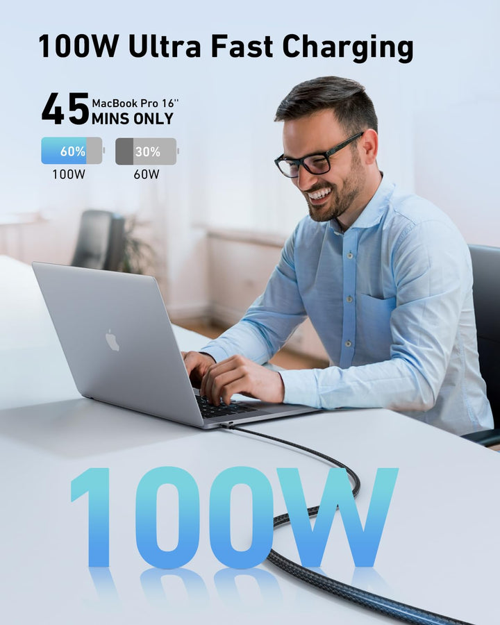 100W USB C to USB C Cable 10ft, USBC Fast Charging Cable PD 5A, Type C Charger Cable Nylon Braided, Compatible with MacBook Air/Pro M3, iPad Pro, Galaxy S24, iPhone 15/Pro/Plus/ProMax