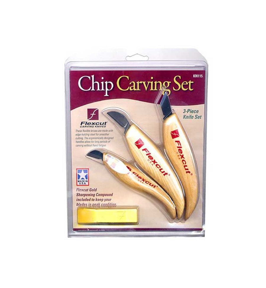 Flexcut KN115 Carving Knives, Chip Carving Set, High Carbon Steel Blades, Ergonomic Ash Handle, Set of 3