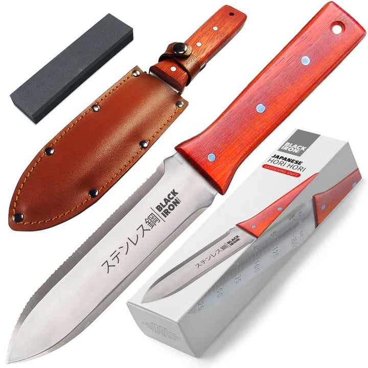 Hori Hori Garden Knife [7 Inches, Japanese Stainless Steel] Durable Gardening Tool for Weeding, Digging, Cutting &amp; Planting with Leather Sheath and Sharpening Stone
