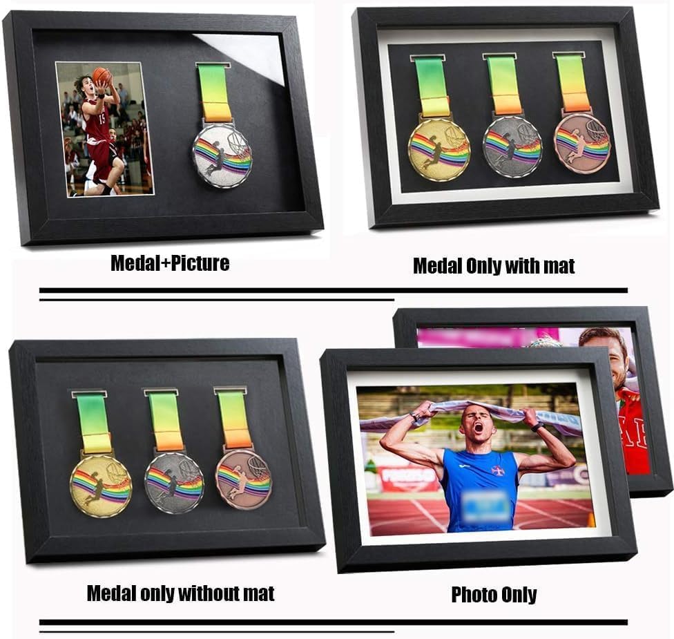 Medal Display Shadow Box - 3 Medal Display case - Perfect Medal Display for Runners, Marathon, Race Winner, Soccer, Football, Gymnastics &amp; All Sports (Black, A4)