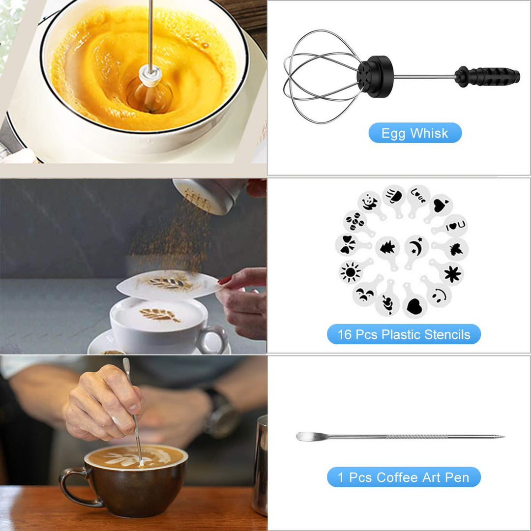 Milk Frother Handheld, USB Rechargeable 3 Speeds Mini Electric Milk Foam Maker Blender Mixer for Coffee, Latte, Cappuccino, Hot Chocolate, Egg Whisks &amp; Stainless Steel Stand Included