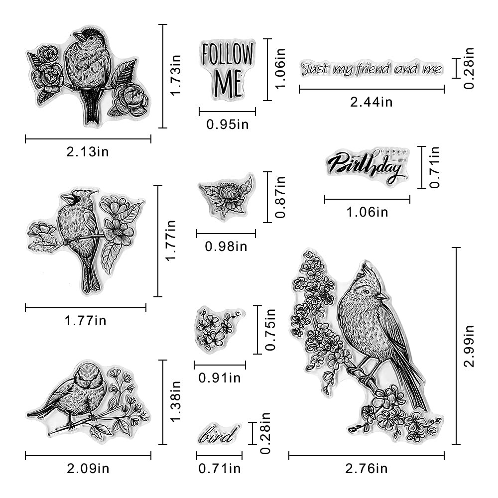 Birds Flowers Birthday Clear Stamps for Card Making Scrapbooking and Words Transparent Stamps Silicone Stamps Photo Album Decor Decoration and DIY Scrapbooking