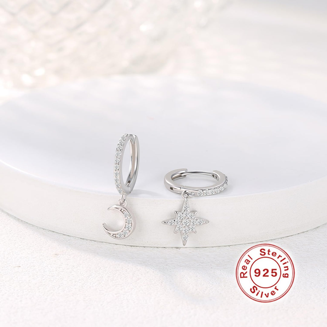 Moon Star Hoop Dangle Earrings for Women, Small Huggie Hoop Earring with Cubic Zirconia Charm for Her in Sterling Silver (Silver)