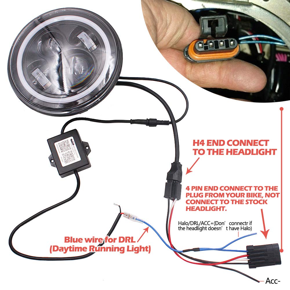Road King Headlight Wire Harness - Adapter For HD Road Glide Street Glide,H4 Harness for HD Headlights H4 to 4 PIN
