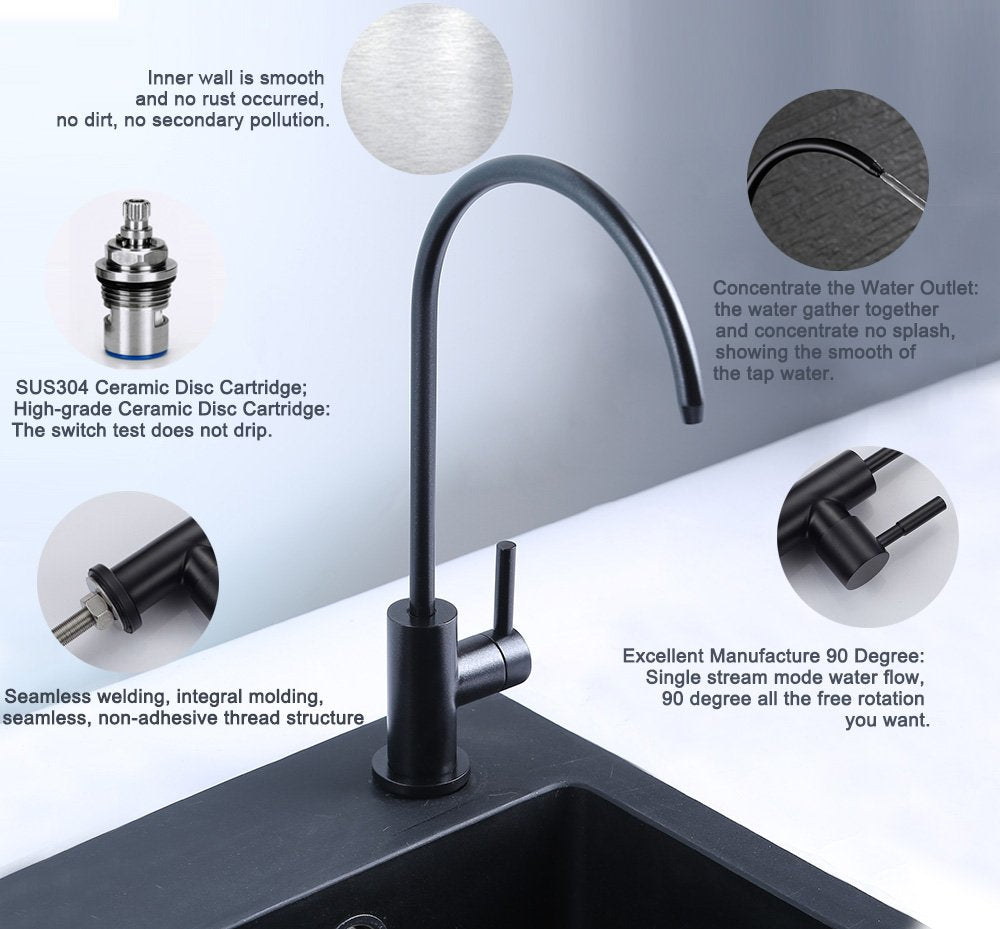 Kitchen Water Filter Faucet, 100% Lead-Free Drinking Water Faucet Fits Most Reverse Osmosis Units or Water Filtration System in Non-Air Gap, Stainless Steel 304 Body Matte Black Finish